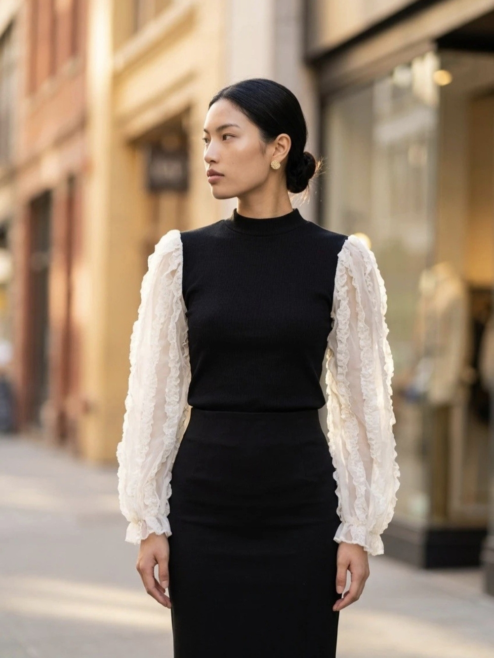 Lea & Viola Black Knit Top with Sheer Ivory Ruffle Sleeves